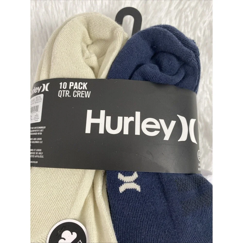 Hurley Quarter Crew Socks Sport Mens Designer Cushioned 10 Pack Navy Beige White